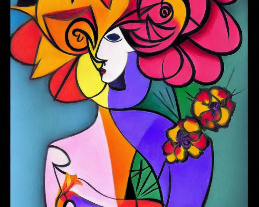 Vibrant, abstract painting of a woman with floral motifs and bold shapes