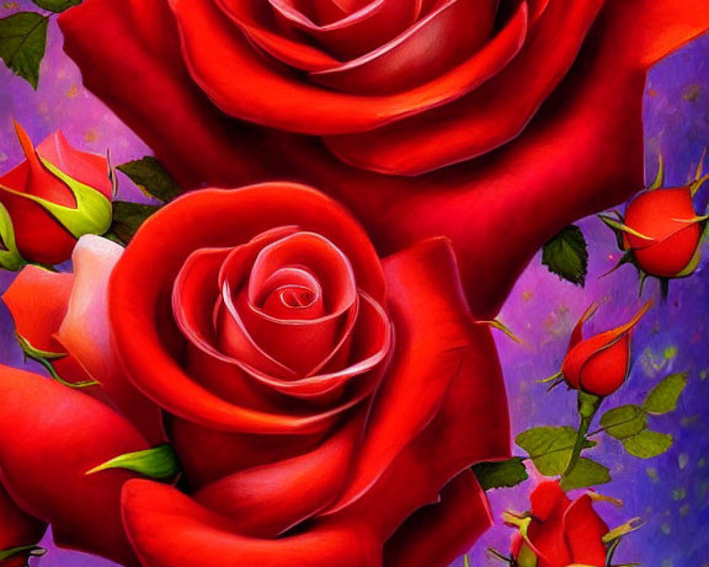 Vivid painting of large red roses in translucent vase on purple background