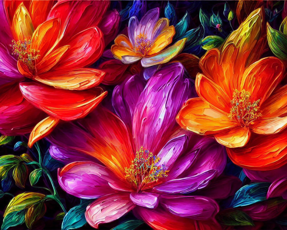 Colorful Digital Art Featuring Blooming Flowers in Red, Purple, and Orange Petals