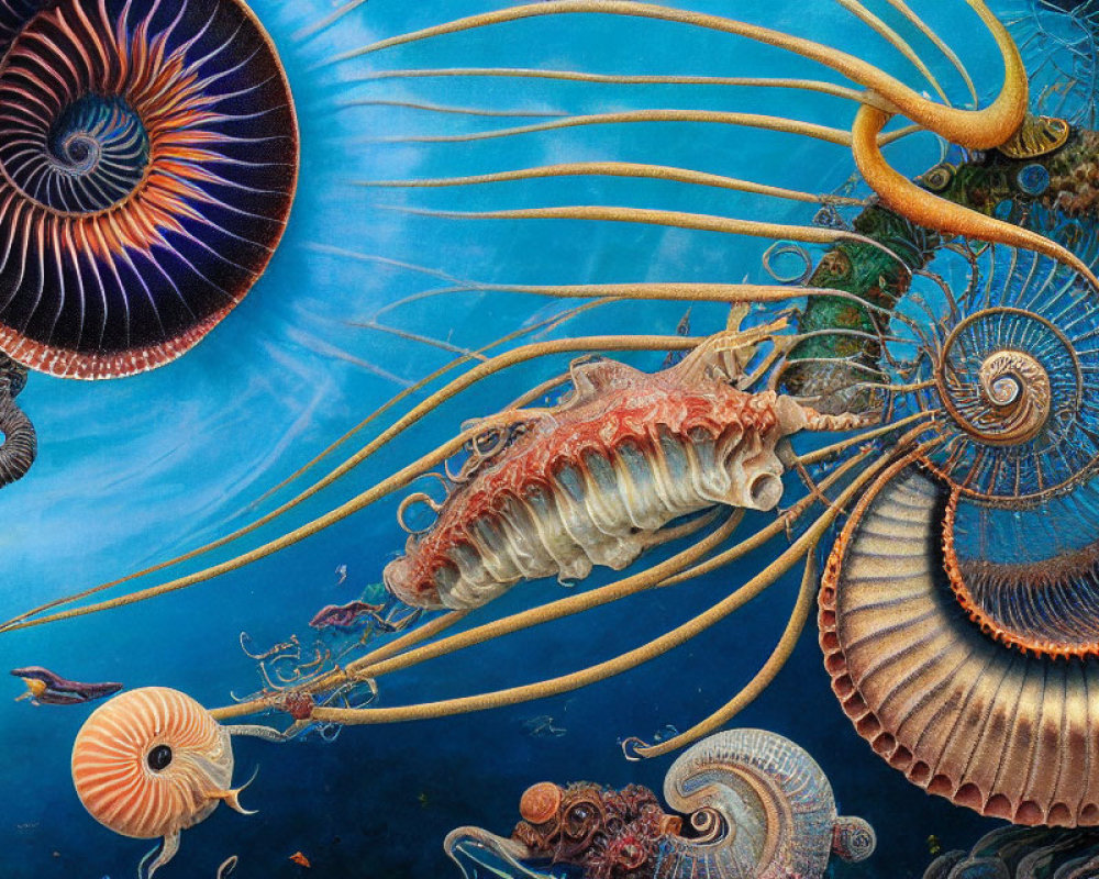 Detailed Underwater Scene with Nautilus-Like Creature and Marine Flora