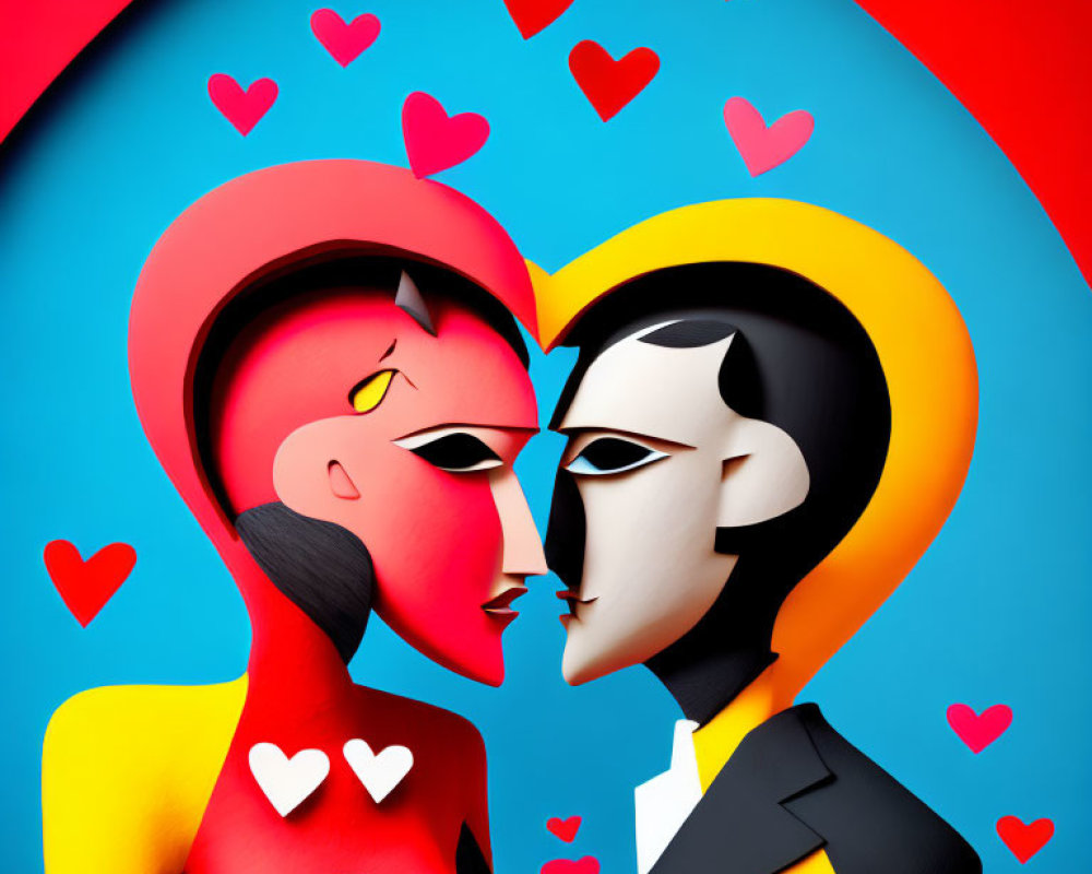 Stylized figures embrace on heart-shaped background symbolizing romance