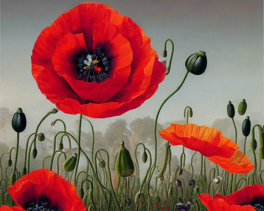 Detailed red poppies amidst green stems on muted backdrop