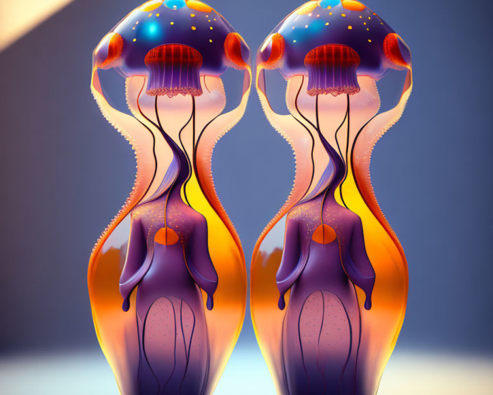 Colorful Jellyfish Artwork in Hourglass Shape on Dual-Tone Background