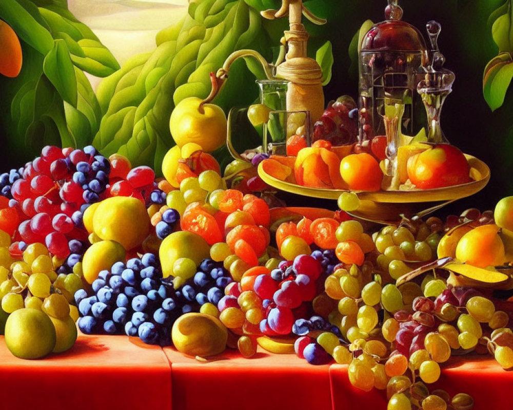 Colorful fruits and golden pitcher in vibrant still life.