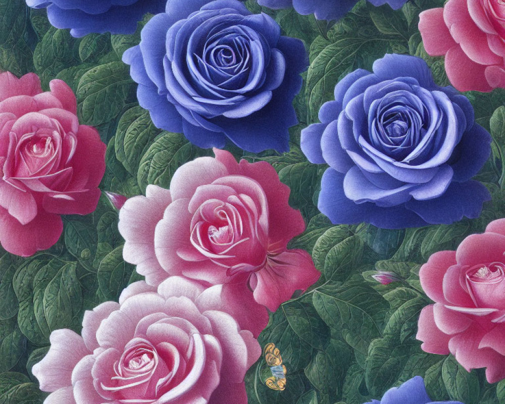 Vibrant blue and pink rose pattern with green foliage and a bee