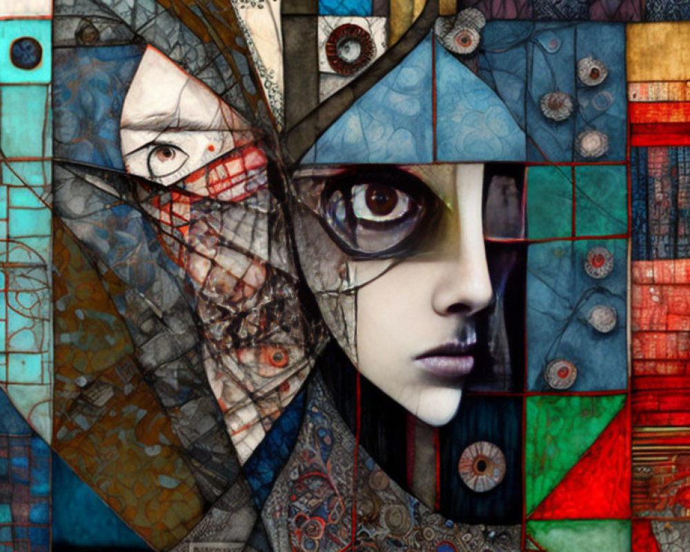 Surrealist digital collage of woman's face with patterns and shapes