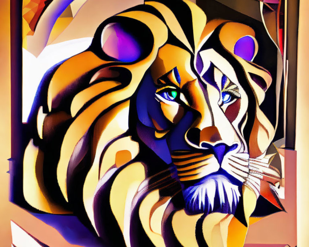 Vibrant Cubist Lion Face Art with Geometric Shapes