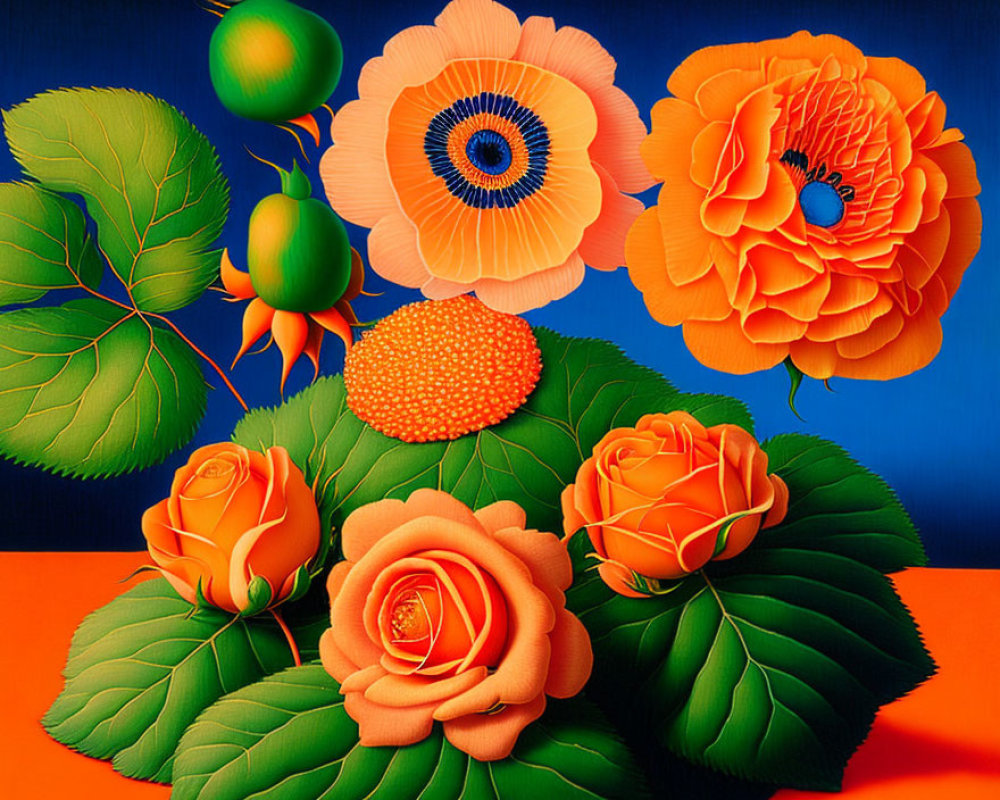 Colorful Flower Painting with Detailed Petals on Blue Background