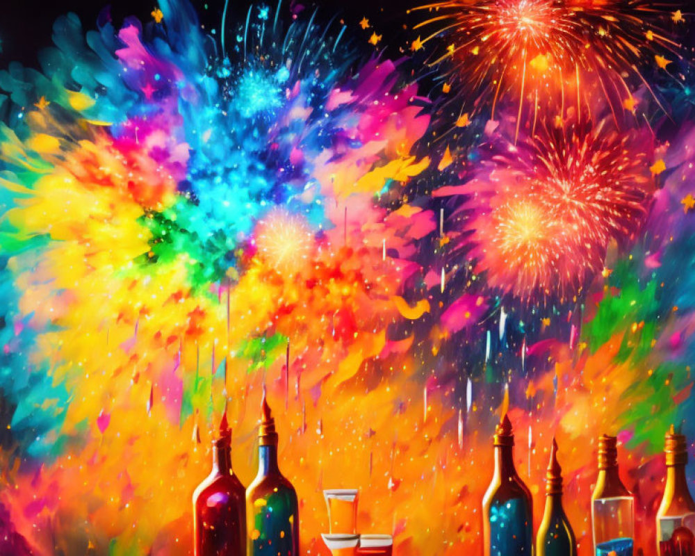 Vibrant artwork of fireworks above silhouetted bottles and glasses