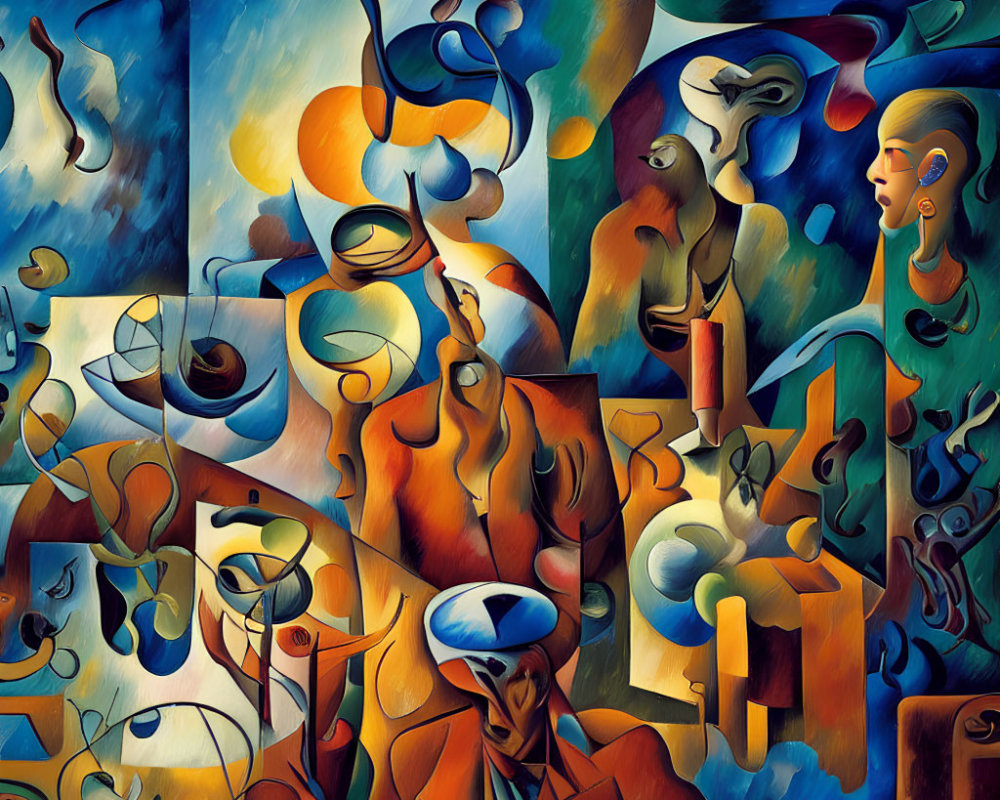 Colorful Cubist Painting with Distorted Figures & Geometric Shapes