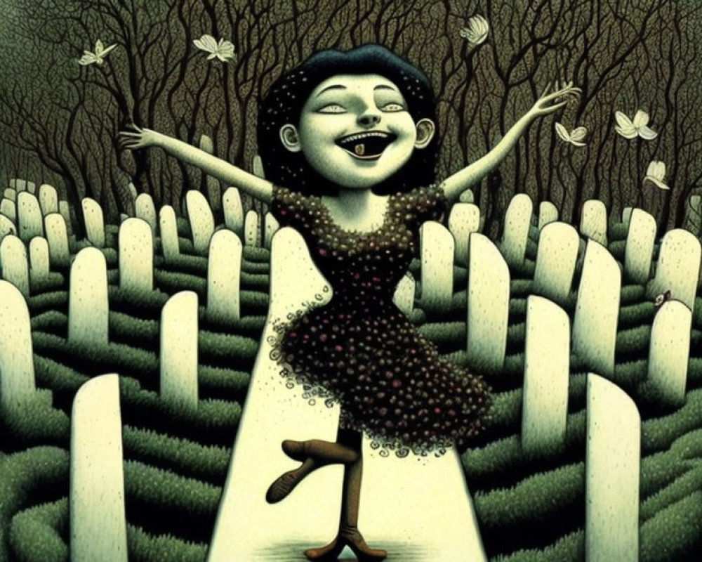 Illustration of joyful girl in dress in maze garden with butterflies