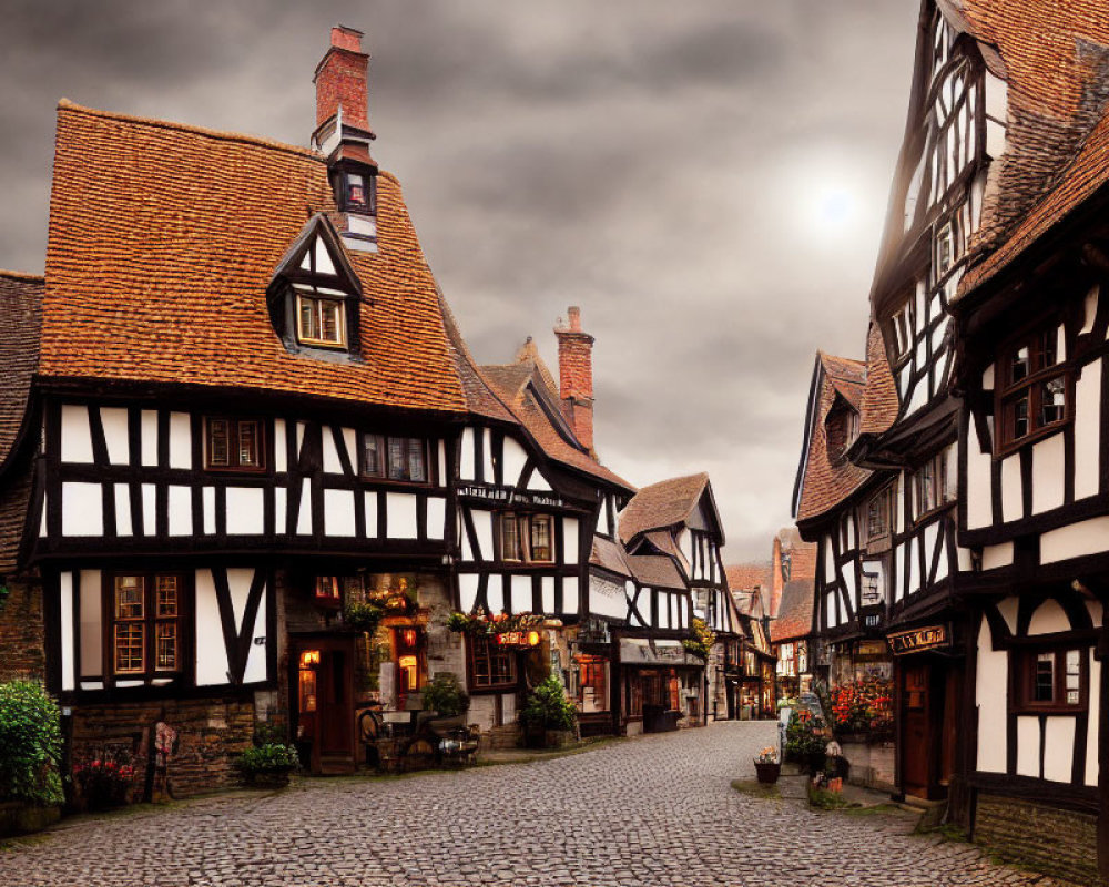 Traditional half-timbered houses on charming cobblestone street under dramatic sky