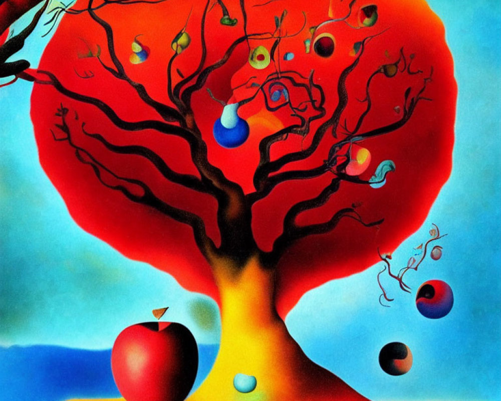 Surreal painting: Red tree, floating spheres, twisted branches