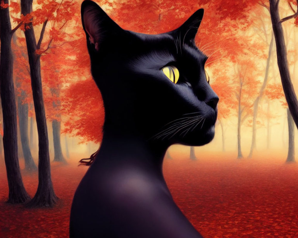 Digital Artwork: Black Cat with Yellow Eyes in Red Autumn Forest