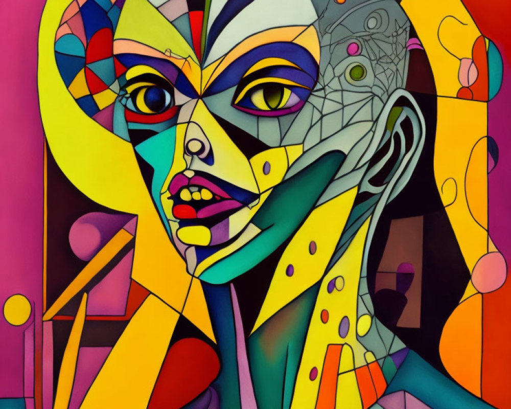Abstract Cubist Portrait with Geometric Shapes and Vibrant Hues