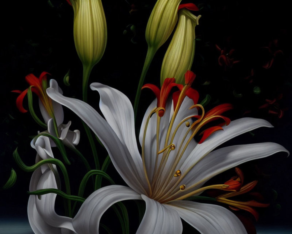 Detailed White Lilies with Stamens on Dark Background