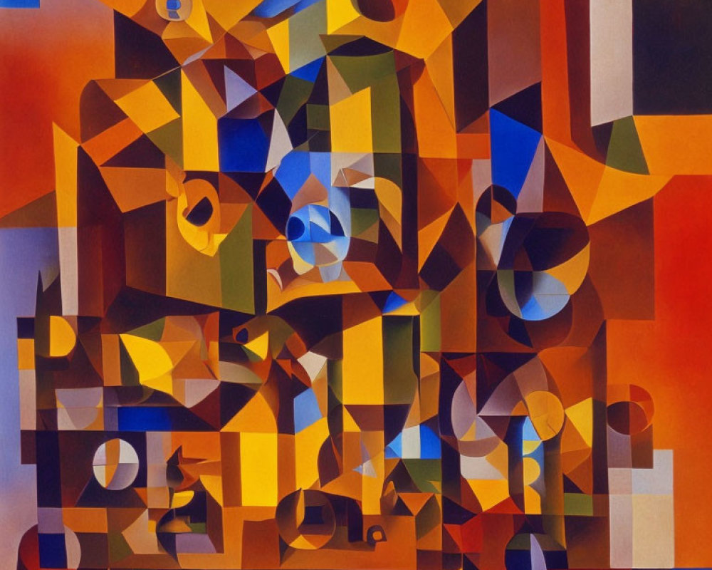 Colorful Abstract Painting with Layered Geometric Shapes in Blues, Oranges, Browns, and Y