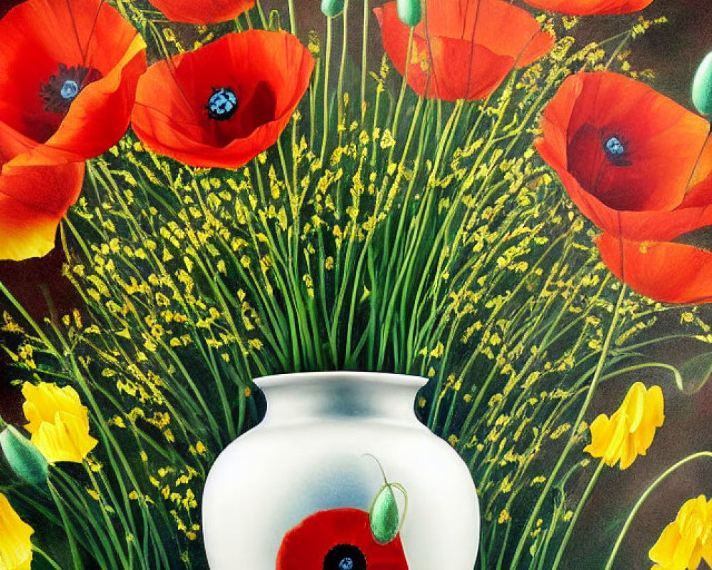 Colorful painting of red and yellow poppies in a white vase with a surreal touch.