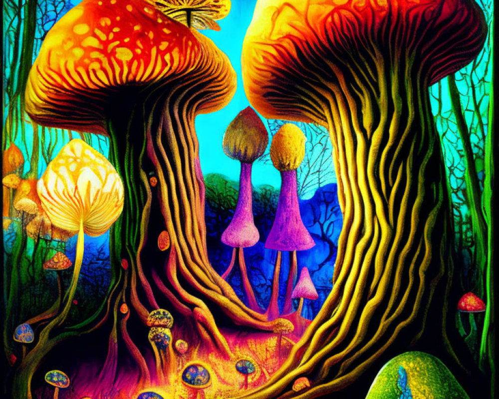 Colorful Oversized Mushrooms in Enchanted Forest Setting