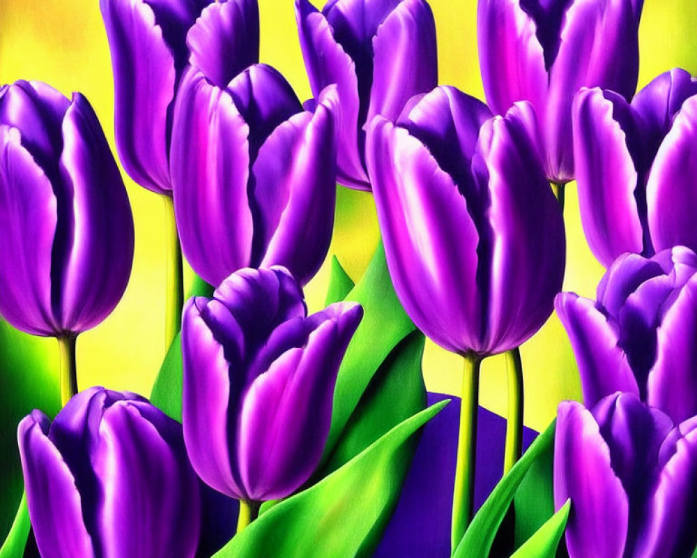 Colorful Painting of Purple Tulips on Yellow Background