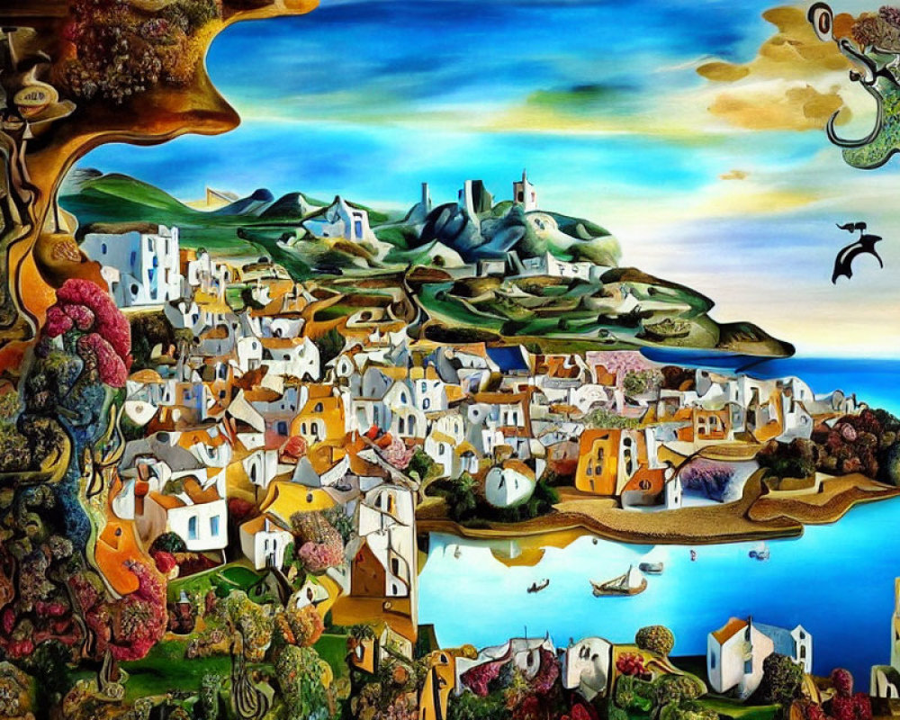 Colorful Surrealist Coastal Village Painting with Distorted Perspectives