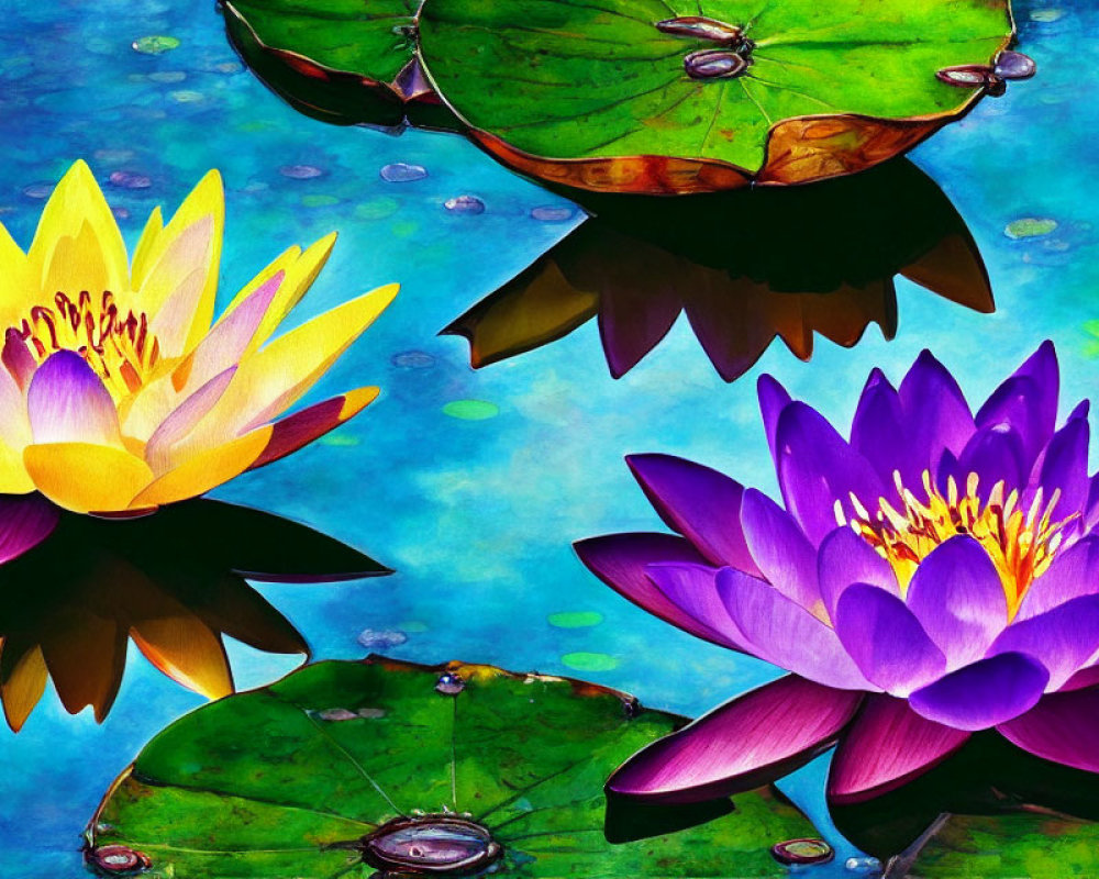 Colorful Water Lilies and Lily Pads in Blue Water with Light Reflections