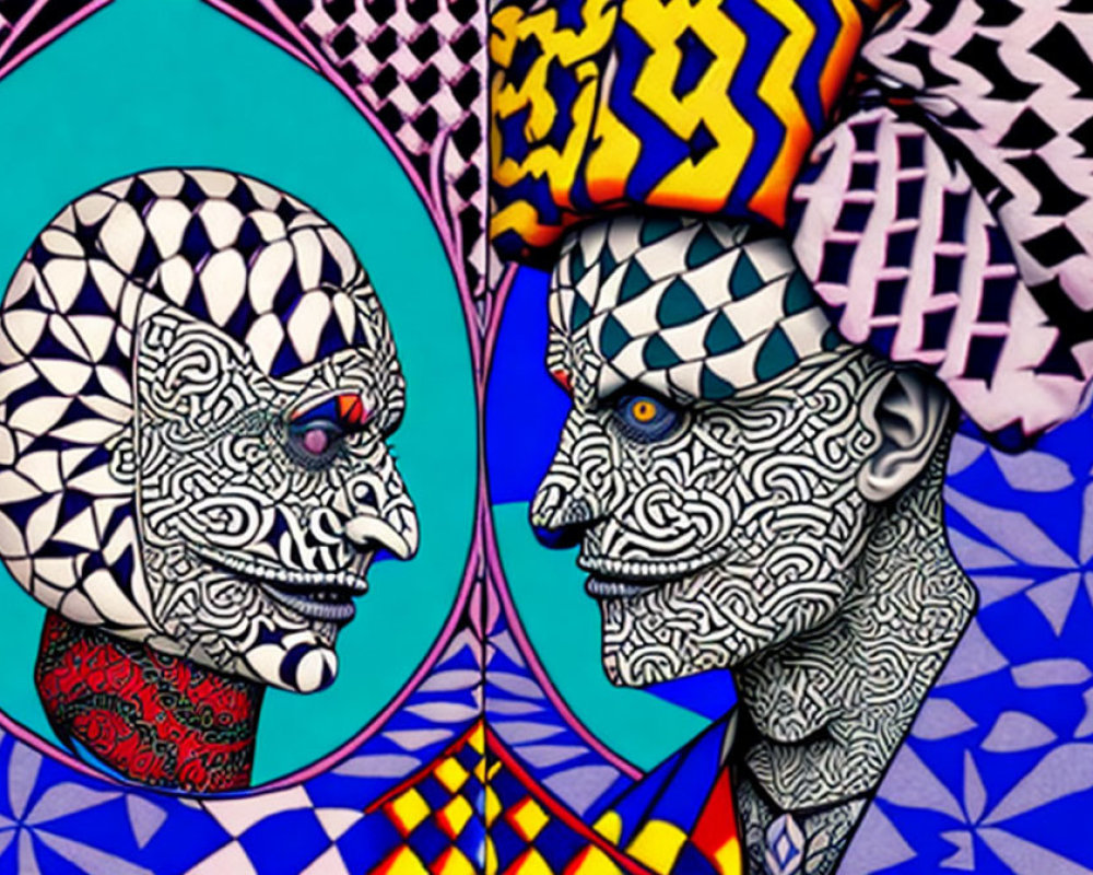 Colorful Digital Artwork: Two Patterned Faces on Geometric Background