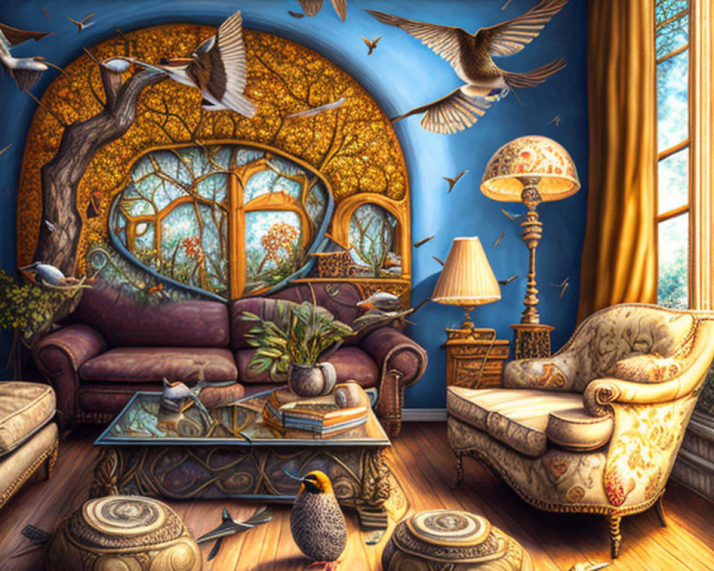 Bird-themed decor in whimsical room with tree mural, flying and perched birds, elegant furniture,