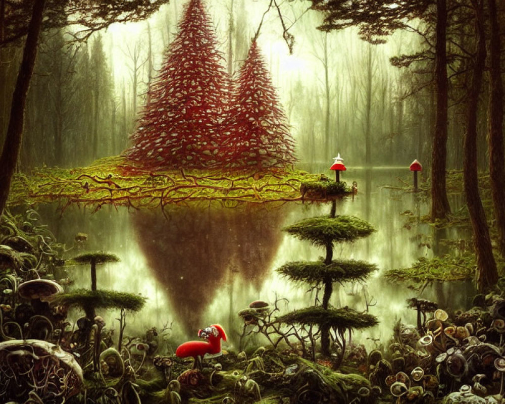 Misty pond and red mushrooms in surreal forest scene