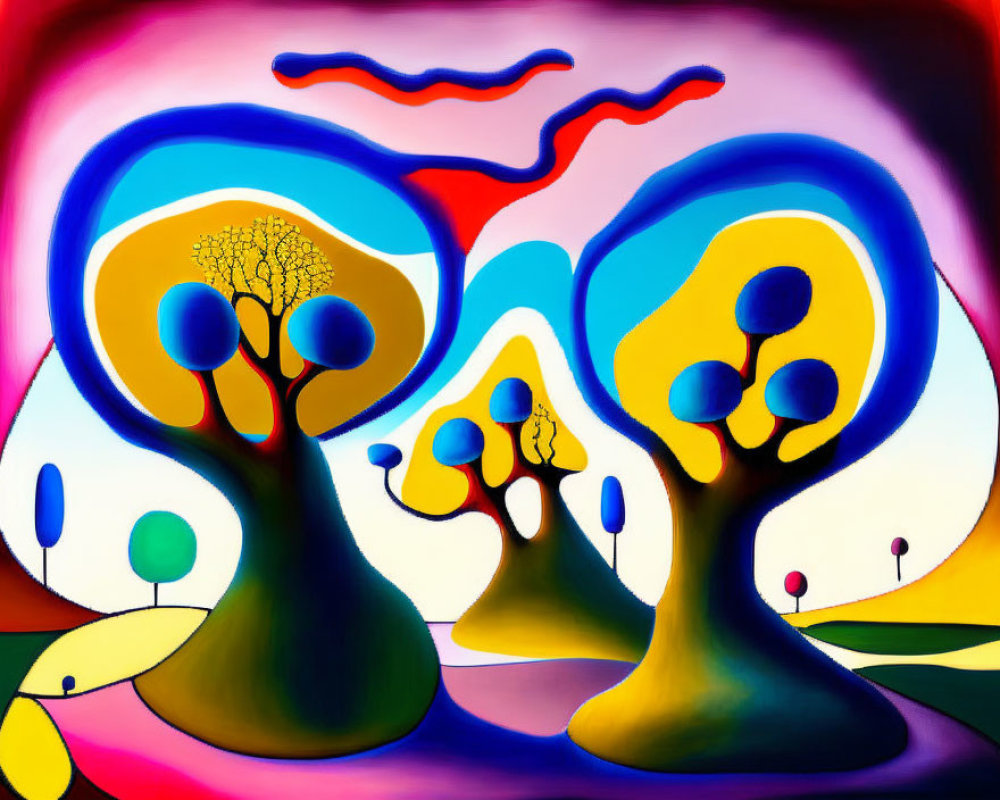 Colorful Abstract Painting of Stylized Trees on Vibrant Background