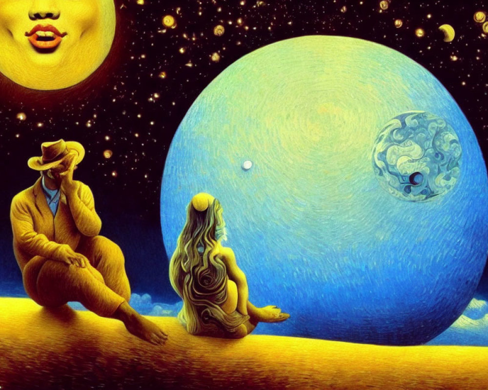 Two individuals contemplate surreal blue planet with stars, moon, and face.