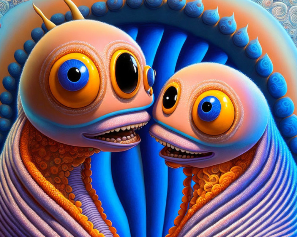 Vivid orange creatures with large eyes in friendly interaction on blue background