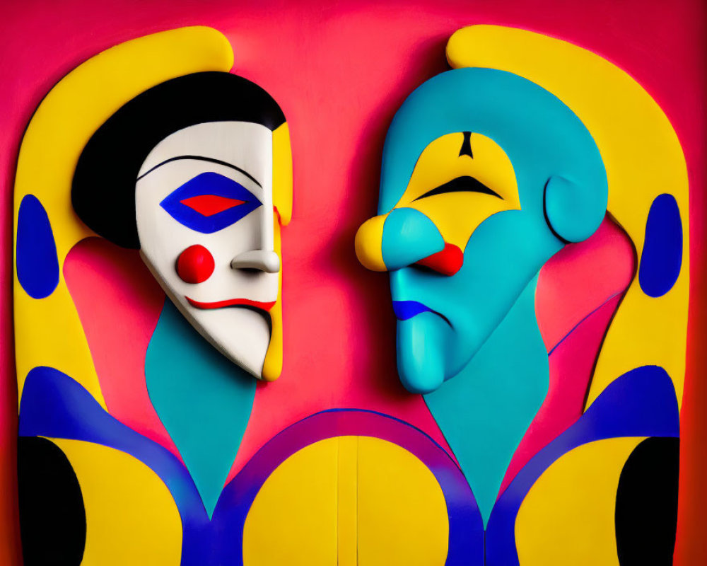 Colorful theatrical masks: one sad, one smiling, on vibrant red background