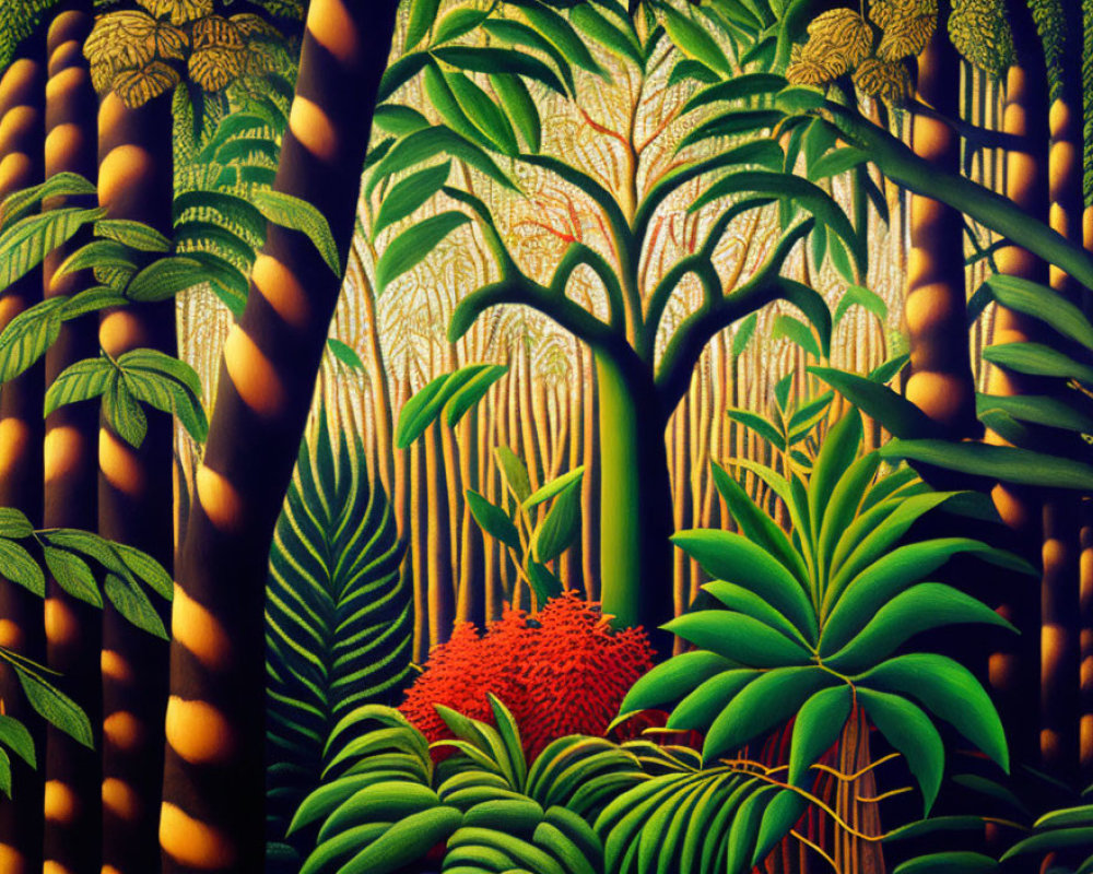 Vibrant jungle illustration with bamboo, ferns, and red flowers