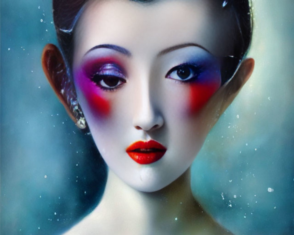 Fantastical digital art: Elf-like woman with vibrant makeup and bird on snow-dusted hair