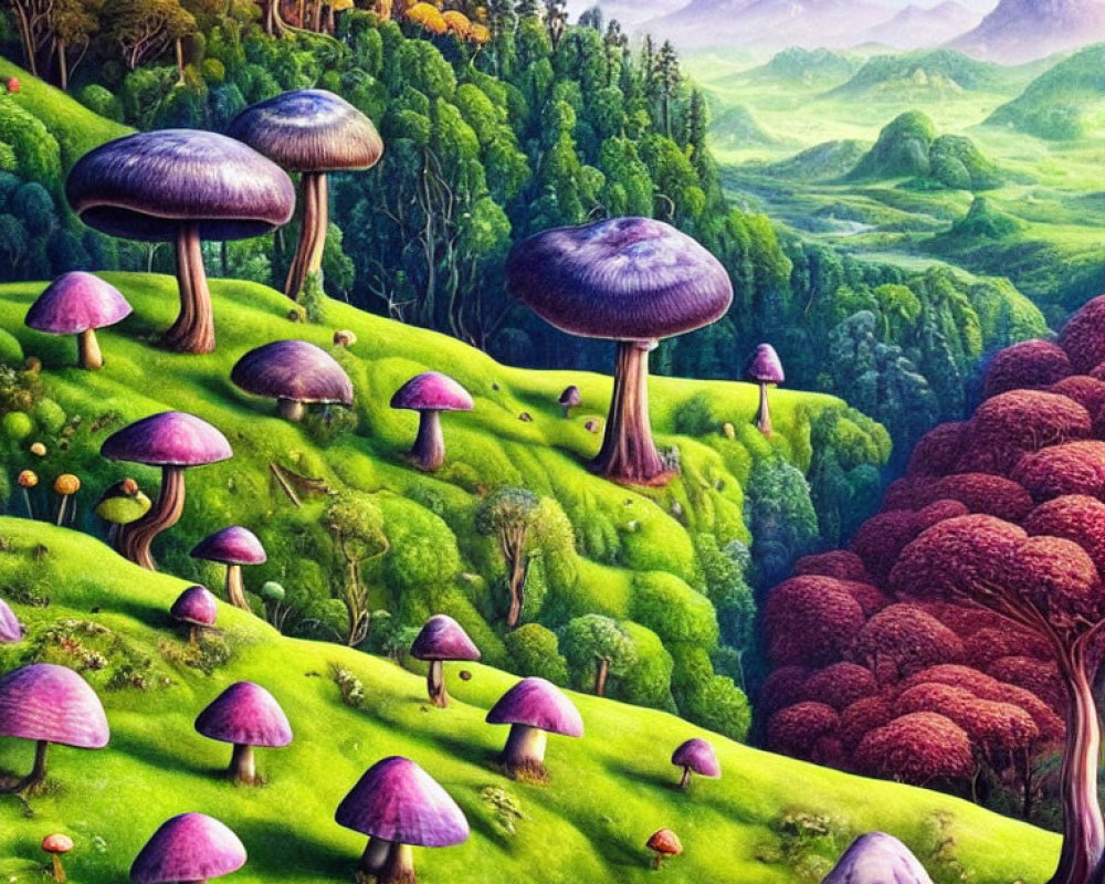 Whimsical landscape with oversized mushrooms and lush hills