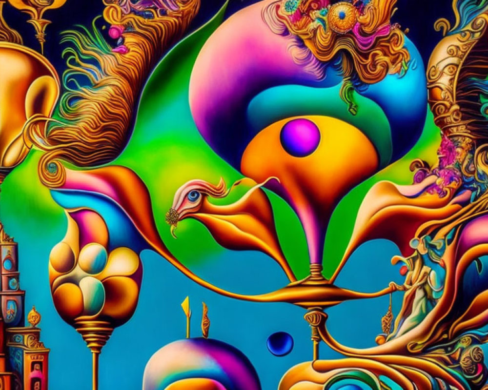 Colorful Psychedelic Artwork with Abstract Patterns & Fantastical Elements