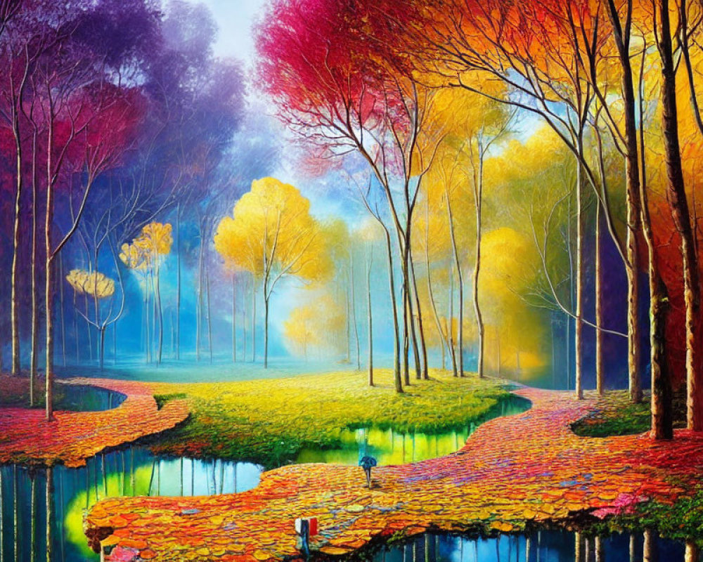 Colorful surreal forest with rainbow trees, leafy path, and blue stream