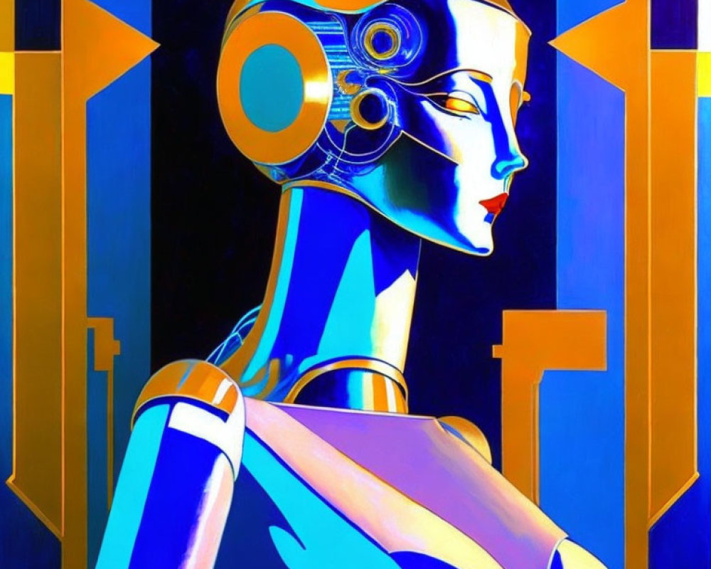 Futuristic female portrait with metallic skin tone and tech helmet on vibrant backdrop