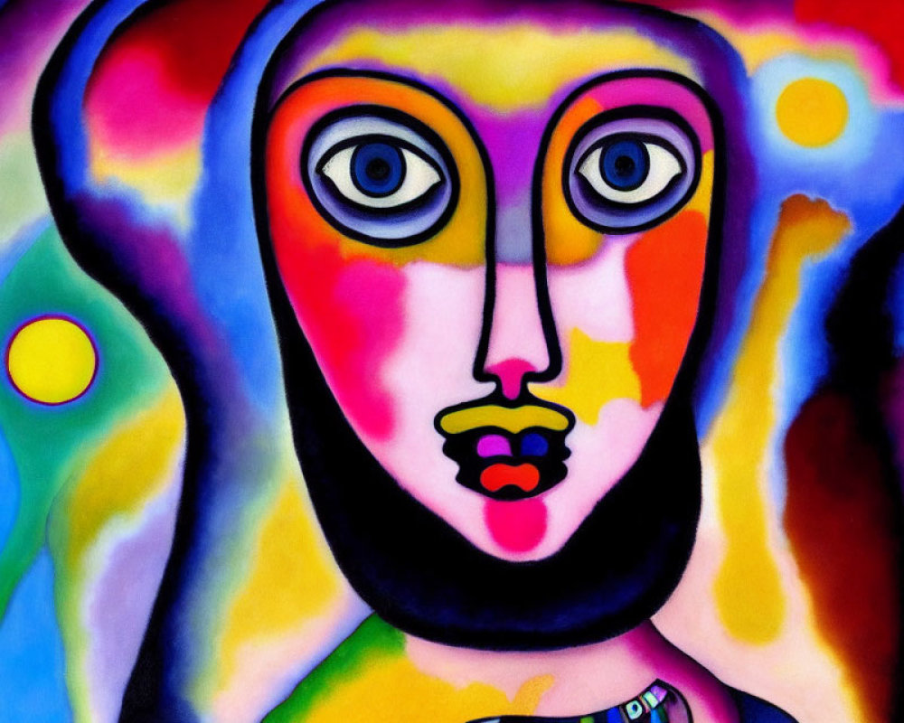 Colorful Abstract Painting of Stylized Face with Large Eyes and Central Nose