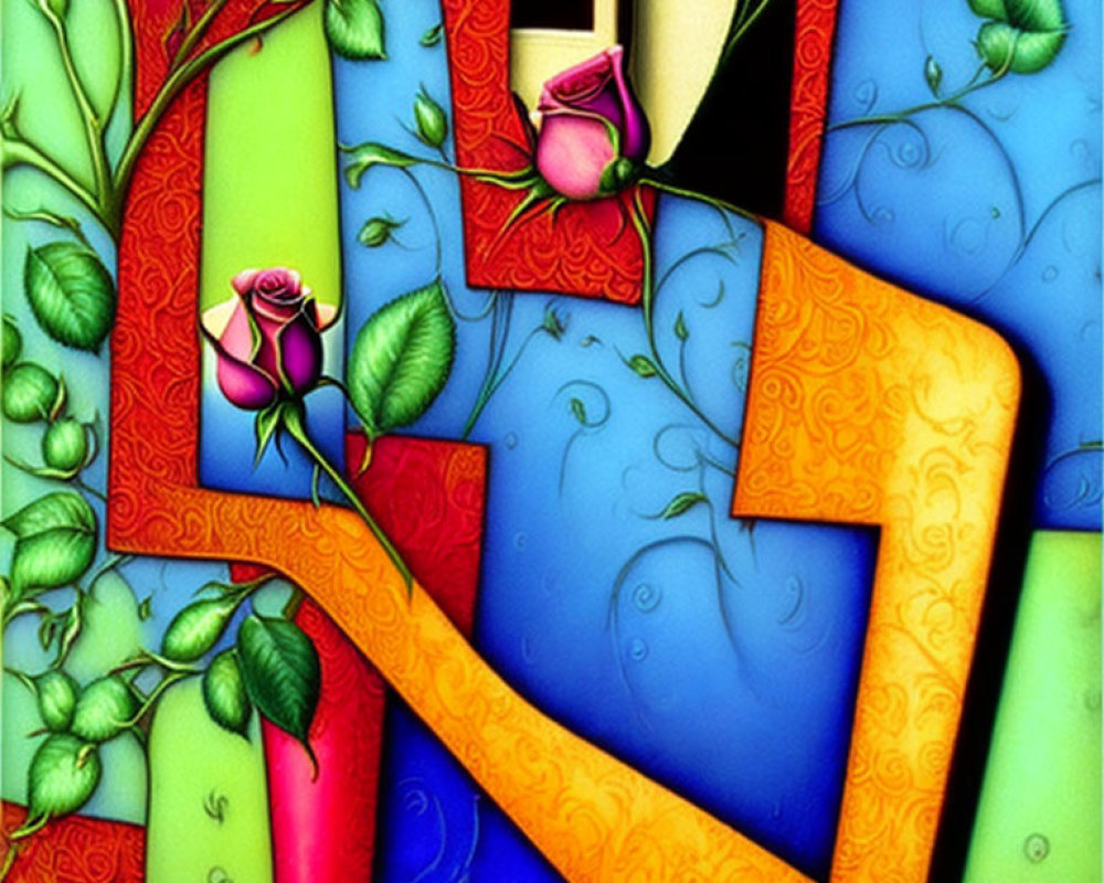 Colorful Abstract Art with Geometric Shapes and Floral Elements