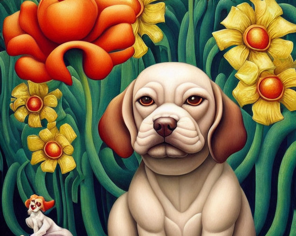 Whimsical painting featuring beige dog, red poppies, yellow flowers, and pink snail.