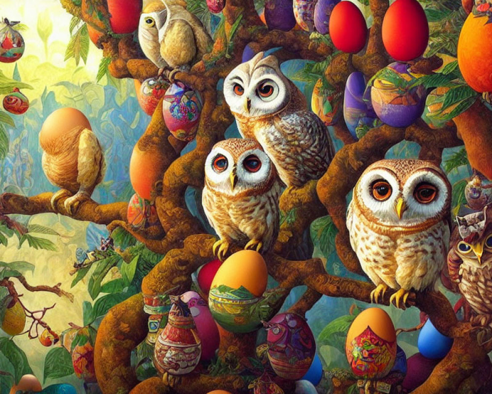 Vibrant owl-themed Easter illustration with painted eggs on branches