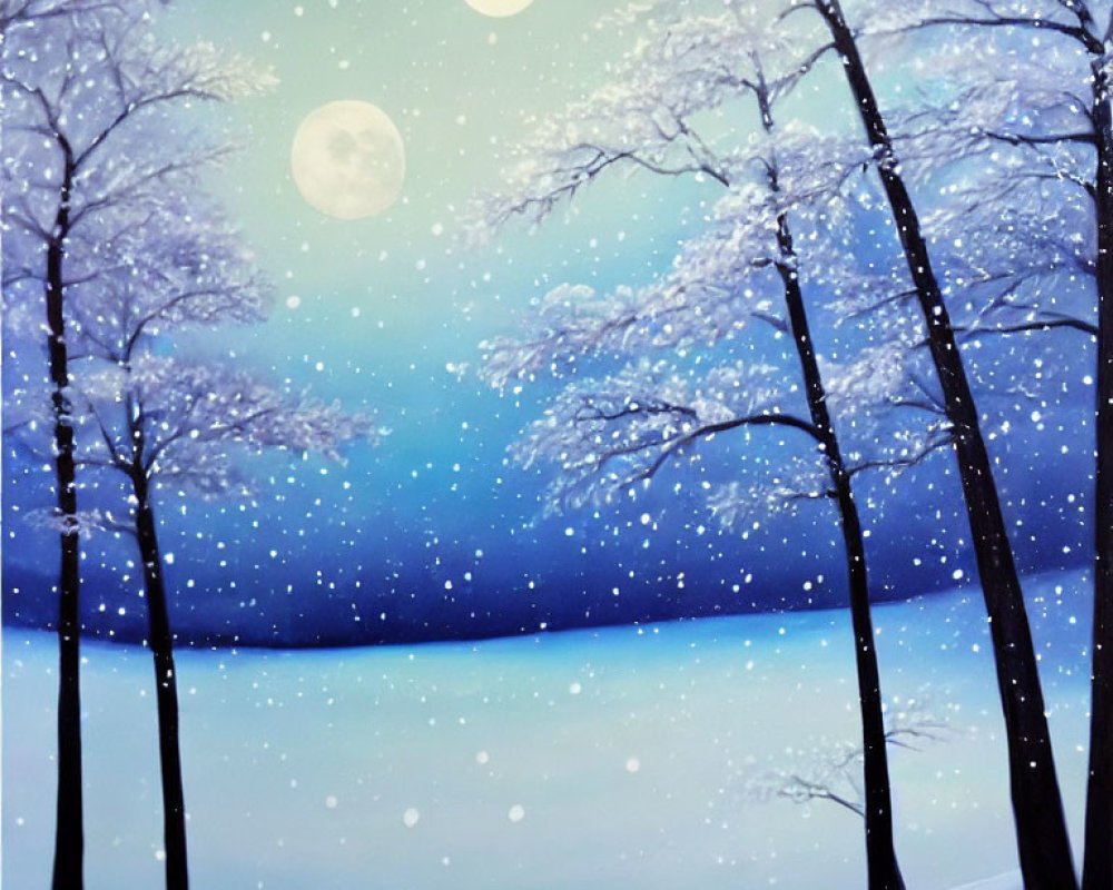 Snowy Night Landscape with Bare Trees, Full Moon, and Glowing Orbs