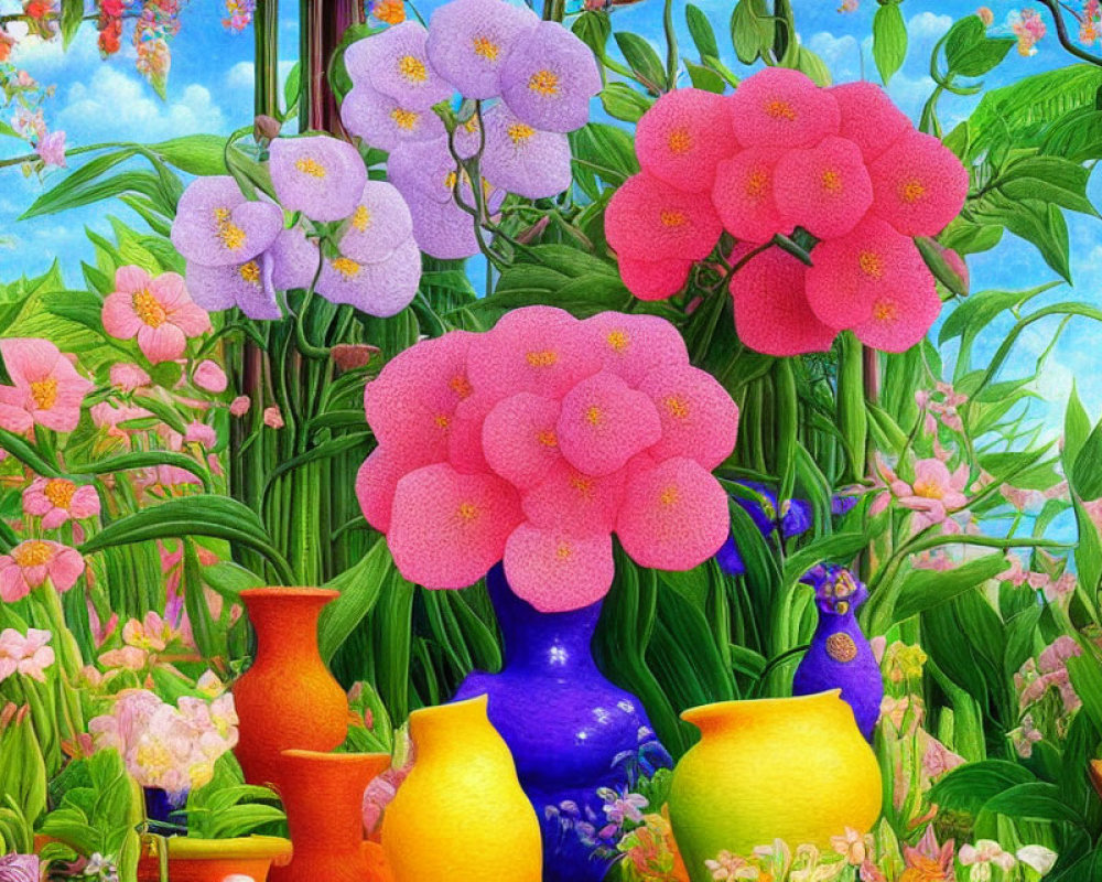 Colorful floral painting with pottery in lush garden setting