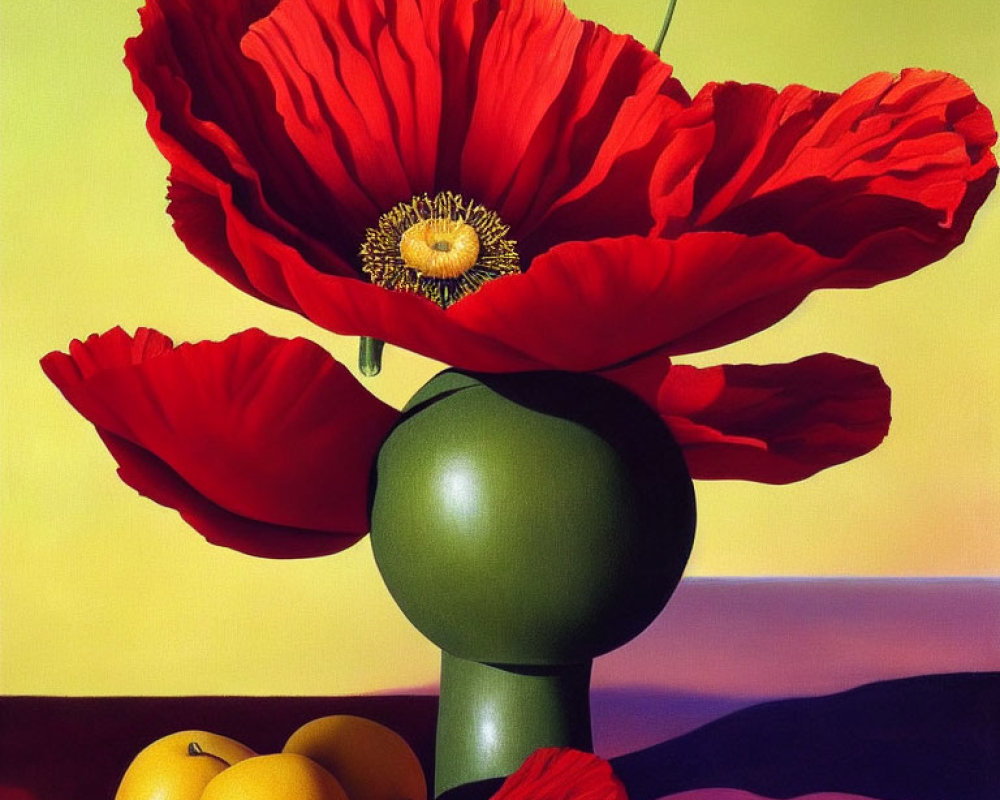 Colorful Still Life Painting: Red Poppy, Green Vase, Yellow Apples