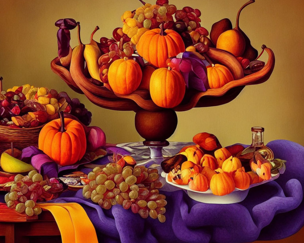 Autumnal still life with pumpkins, pears, grapes, and plums on warm-ton