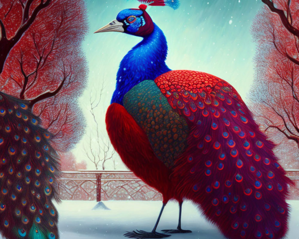 Colorful Peacock Illustration in Snowy Landscape with Red Trees