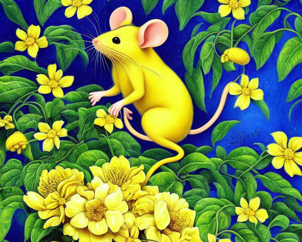 Colorful illustration: Yellow mouse in lush green foliage and flowers on blue background