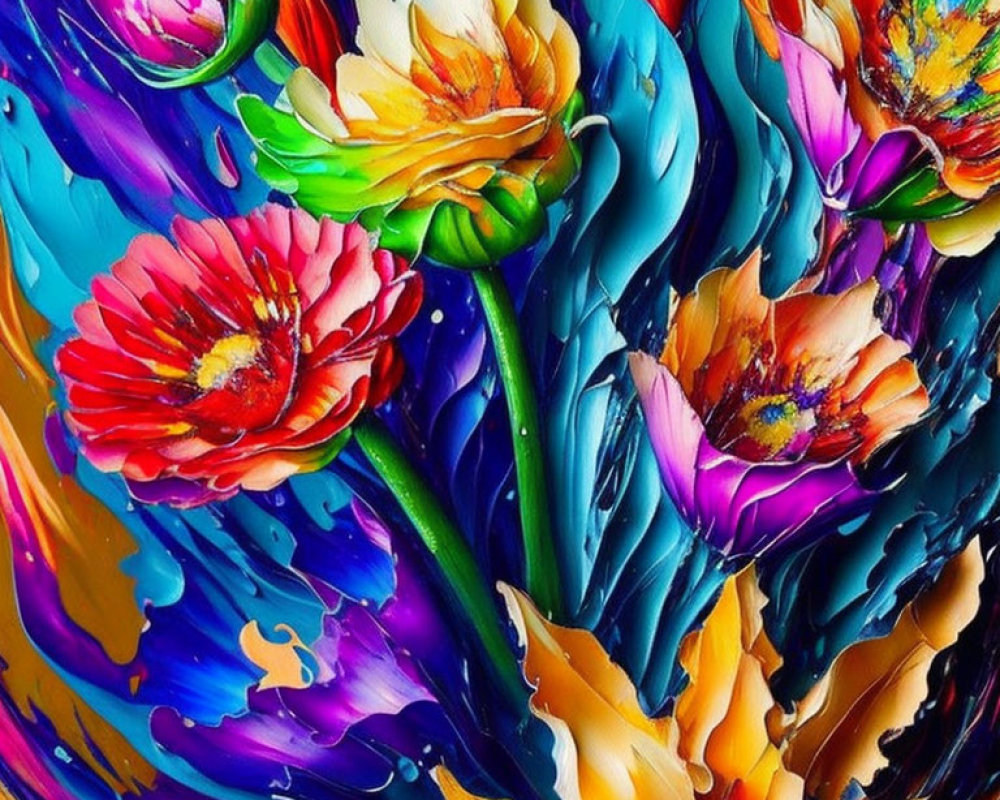 Abstract floral painting with vibrant colors and swirling patterns